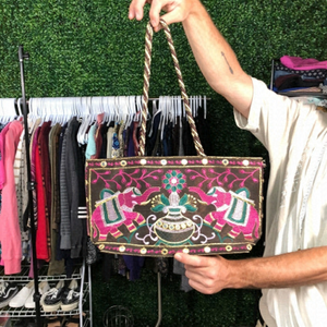 BROWN, Pink, Teal Gold Purse with elephant detail